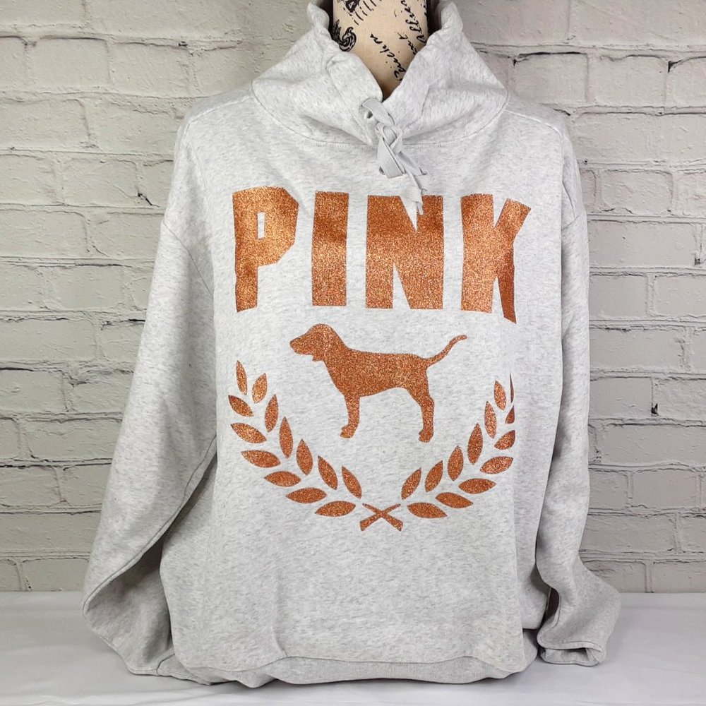 VICTORIA'S SECRET 'PINK' FLEECE  ROSE~GOLD LOGO COWL-NECK  SWEATSHIRT NEW